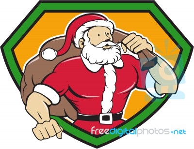 Super Santa Claus Carrying Sack Shield Cartoon Stock Image