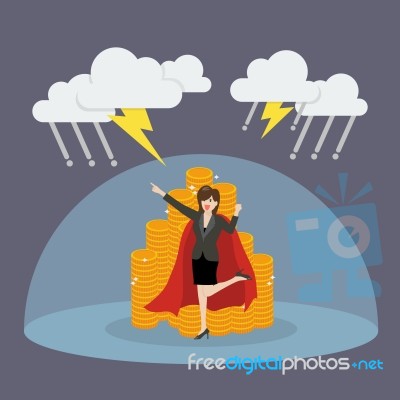 Super Woman With Barrier Protecting Her Money From Thunderstorm Stock Image