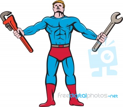 Superhero Handyman Spanner Wrench Cartoon Stock Image
