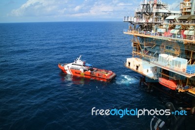 Supply Boat For Transfer Cargo To Oil And Gas Industry Stock Photo