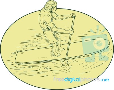 Surfer Dude Stand Up Paddle Oval Drawing Stock Image