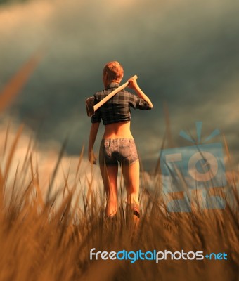 Survivor Woman Carrying An Axe In Field,fantasy Horror Stock Image