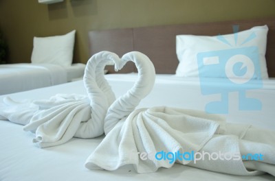Swan Towel On Bed Stock Photo Swan Towel On Bed Stock Photo