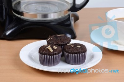 Sweet Brownie With Hot Coffee Stock Photo