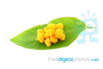 Sweetmeat Made Of Egg Yolk And Sugar On Banana Leaf Stock Photo