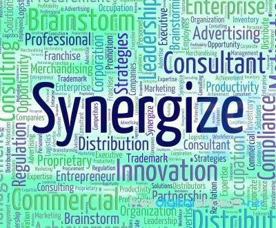 Synergize Word Indicates Work Together And Partner Stock Image