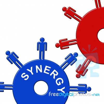 Synergy Cogs Shows Working Together And Collaborating Stock Image