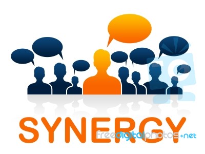 Synergy Teamwork Shows Working Together And Collaborate Stock Image