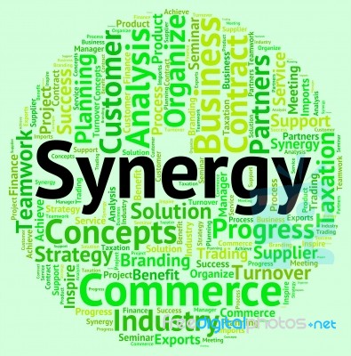 Synergy Word Indicates Working Together And Cooperation Stock Image