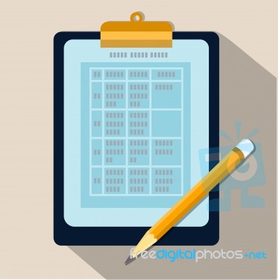 Table Of Data On Clipboard And Pencil- Flat Design Stock Image