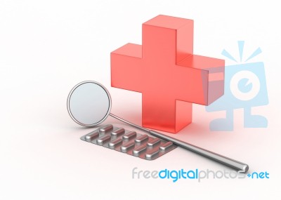 Tablet, Dental Mirror And Red Cross Sign Stock Image