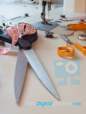 Tailor, Tailoring Table And Utensils Stock Photo