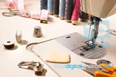 Tailor, Tailoring Table And Utensils Stock Photo