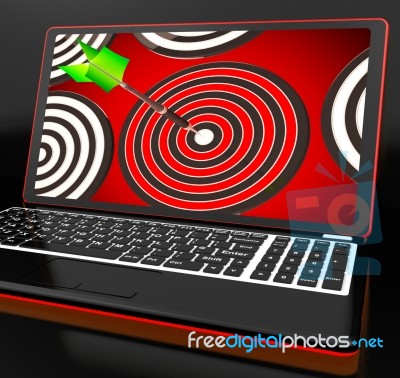 Target Hit On Laptop Shows Accuracy Stock Image