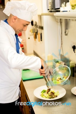 Tasty Salad Garnishing By Chef Stock Photo