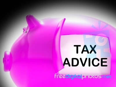 Tax Advice Piggy Bank Message Shows Advising About Taxes Stock Image