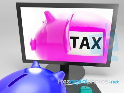Tax In Piggy Shows Taxation Payment Due Stock Image