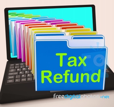 Tax Refund Folders Laptop Show Refunding Taxes Paid Stock Image