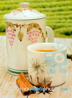 Tea With Cinnamon Shows Cup Teacup And Cafeteria Stock Photo
