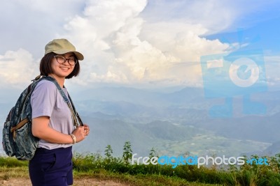 Teen Girl Hiker On Mountain Stock Photo