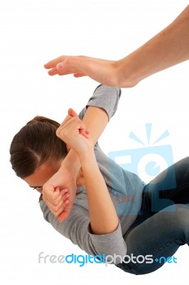 Teenage Girl Hand To Block Violence Stock Photo