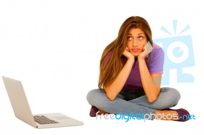 Teenage Girl With Laptop On White Stock Photo