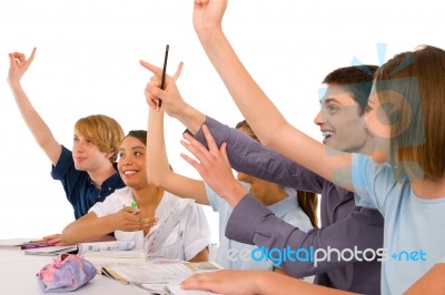 Teenage Students Arms Raised Stock Photo