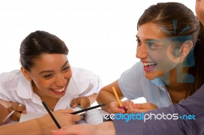 Teenage students holding pen Stock Photo