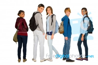 Teenage Students With Backpack Stock Photo