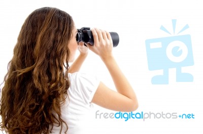 Teenager Girl Watching Through Binocular Stock Photo