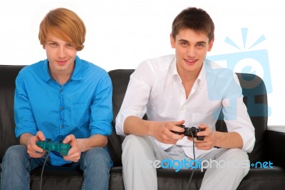 Teenagers Playing Computer Game Stock Photo