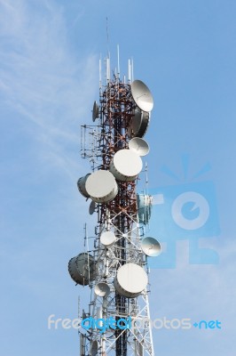 Telecom Satellite Dish Tower On Blue Sky Stock Photo