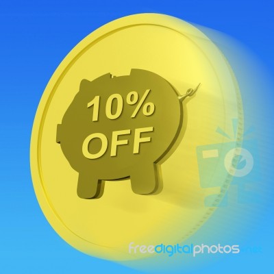 Ten Percent Off Gold Coin Shows 10% Savings And Discount Stock Image