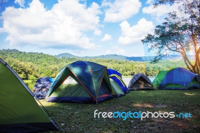 Tent Camp Along The River Stock Photo