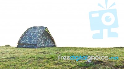 Tent Camping At Grass On The Hill In Morning Stock Photo