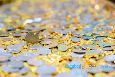 Thai Coins In Temple Stock Photo