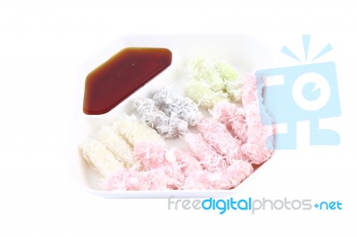Thai Color Flour Coconut Custard And Sweet Dip Stock Photo
