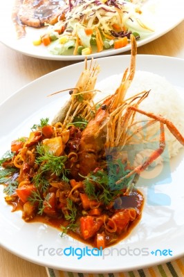 Thai Food, Deep-fried Prawns With Tom Yam Sauce Stock Photo