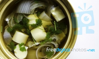 Thai Food, Tofu Soup With Vegetables And Pork Stock Photo
