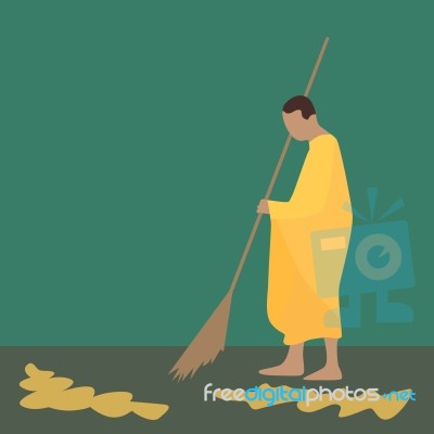 Thai Monk Sweeping Leaf Stock Image