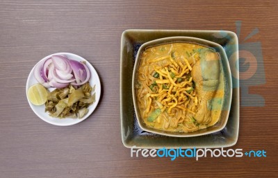 Thai Style Chicken Yellow Curry With Egg Noodle Stock Photo