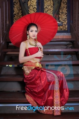 Thai Woman In Traditional Costume Stock Photo