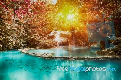 Thailand Waterfall With Sunbeam In Kanjanaburi (erawan Waterfall… Stock Photo