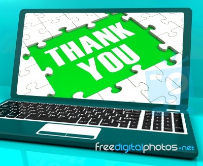 Thank You On Laptop Shows Appreciation Stock Image
