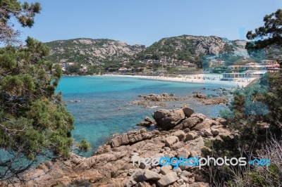 The Beach At Baja Sardinia In Sardinia On May 18, 2015 Stock Photo