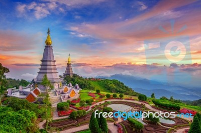 The Best Of Landscape In Chiang Mai. Pagodas Noppamethanedol & Noppapol Phumsiri At Sunset In Inthanon Mountain, Thailand Stock Photo