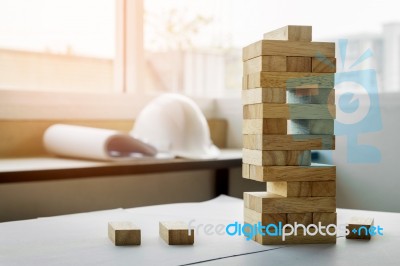 The Blocks Wood Tower Game With Architectural Engineer Plans Or Stock Photo