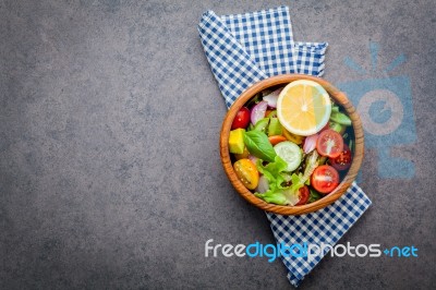 The Bowl Of Healthy Vegan Salad . Various Vegetables Avocado, To… Stock Photo