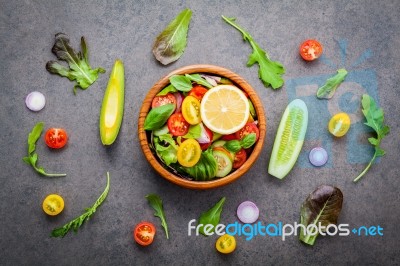 The Bowl Of Healthy Vegan Salad . Various Vegetables Avocado, To… Stock Photo