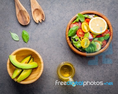 The Bowl Of Healthy Vegan Salad . Various Vegetables Avocado, To… Stock Photo